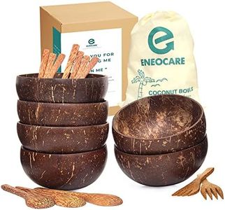 ENEOCARE Set of 6 Natural Coconut Bowls and Wooden Spoon Sets | Organic Reusable Eco-friendly Smoothie Bowls and Spoons, Forks | Perfect for Smoothie Bowls, Acai Bowls, Buddha Bowls (6)