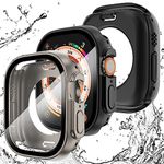 WINGLE 2 in 1 Waterproof Case for Apple Watch Ultra Screen Protector 49mm Cover, 2 Pack 360 Protective Glass Face Cover Hard PC Bumper + Back Frame for iWatch Ultra Accessories 49 mm, Titanium/Black