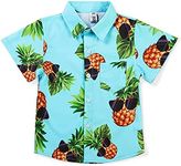OCHENTA Boy's Button Down Hawaiian Shirt Short Sleeve Pineapple Sunglass Print, Aloha Party Dress Tops A Cyan Tag 120CM - 4T