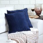 Amazon Brand - Umi Velvet Pompom Cushion Cover 16X16 Inch - Set Of 2 Large Square Throw Pillow Covers 150 TC For Sofa Living Room Or Home Decor In Blue Color