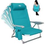 #WEJOY 4-Position Adjustable Beach Chair for Adults, Folding Low Beach Chair Lightweight & Portable, High Back Pillow Pocket Outdoor Garden Reclining Camping Beach Chair, Cyan