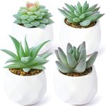 ALAGIRLS Mini Fake Succulents in Pots Set of 4 - Decorative Artificial Plants Indoor - Lifelike Faux Plastic Plants in Mini White Plastic Pots for Bedroom Office Bathroom Home Kitchen Decor, Green