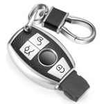 CTRINEWS for Mercedes Key Fob Cover with Leather Keychain, Advanced Soft TPU Surface Grain Key Fob Holder for Classic Style Smart Key (Silver A)