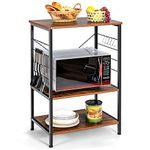 COSTWAY Kitchen Baker’s Rack, 3-Tier Microwave Oven Stand with 10 Hanging Hooks, Open Shelves & Metal Frame, Industrial Utility Storage Shelf Organizer for Dining Living Room