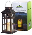 Solar Lantern Outdoor Classic Decor Bronze Antique Metal and Glass Construction Mission Solar Garden Lantern Indoor and Outdoor Solar Hanging Lantern, Entirely Solar Powered Lantern of Low Maintenance