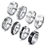 LOLIAS 8 Pcs Stainless Steel Rings for Men High Polished Chain Bottle Opener Mens Band Wedding Engagement Fidget Anxiety Vintage Spinning Men Rings Size N1/2-Z1/2