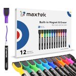 maxtek Magnetic Whiteboard Pens Markers, 12 Colours Fine Tip White Board Markers Erasable with Eraser for Kids, Low Odour Thin Dry Wipe Pens (Pack of 12)