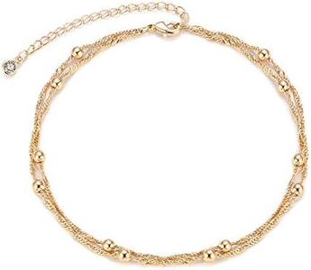 MEVECCO Anklet for Women Gold Layered Singapore Ball Ripple Bead Chain Station 14K Gold Plated Dainty Boho Beach Summer Simple Foot Jewelry Ankle Bracelet