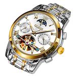 OLEVS Mens Watch Automatic Mechanical Skeleton Winding Moon Phase White Face Stainless Steel Two Tone Date Calendar Waterproof Luminous