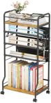 D.S.Exthefic 5 Tier Rolling File Cart, Mobile Book Cart with Wheels, Metal Wood Movable Bookshelf Tableside Office Cart Paper Storage File Organizer for Home School Teacher (Black)