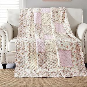 Qucover Single Bedspread Quilted Throw Soft 100% Cotton Pink Floral Patchwork Quilt 150x200 cm Decorative Sofa Couch Coverlet