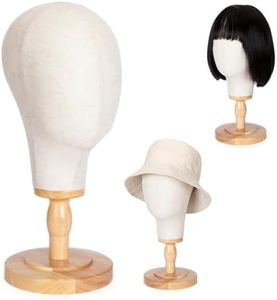 koskusder White Canvas Wig Mannequin Head with Wooden Stand Linen Hat Display Model Head for Caps Mannequin Head Stand with Detachable Wood Base