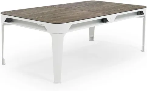 CORNILLEAU - Hyphen Outdoor - Outdoor Pool Table Convertible into a Dining Table, Weatherproof, Made in France - White Frame - Light Grey Cloth - Pockets White - Dinner Tops: Wood Decor