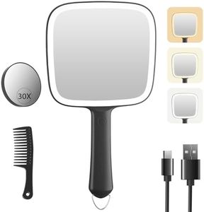 Famihomii Rechargeable 2000mAh Lighted Handheld Mirror, 3 Color Lighting Modes & Dimmable, Hand Mirror with 30X Magnifying Detachable Mirror, Portable & Hangable for Makeup, Hair Styling, Shaving