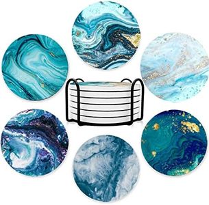 Coasters for Drinks, Round Absorbent Ceramic Stone Coasters Set of 6 with Cork Base, Funny Drink Coasters with Holder for Cold Drinks Wine Mugs and Cups Tabletop Protection, 4 Inches,Teal Marble