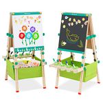 Wooden Art Easel Foldable Easel Double Sided Kids Easel with Whiteboard & Chalkboard Oversized Storage Bag Magnet Stickers Height Adjustable Standing Easel for Toddlers Boys Girls Ages 3+