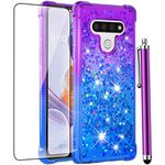CAIYUNL Phone Case for LG Stylo 6 with Tempered Glass Screen Protector,LG K71 Stylus Glitter Bling Floating Liquid Sparkle Quicksand Women Girls Soft TPU Shockproof Cover for LG Stylo 6 -Purple/Blue