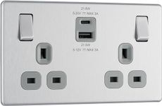 BG Electrical Double Switched Power Wall Plug Socket with Fast Charge Type A and C USB Ports, Screwless, Flatplate, Brushed Steel, Grey Inserts, 13A, 22W, FBS22UAC22G