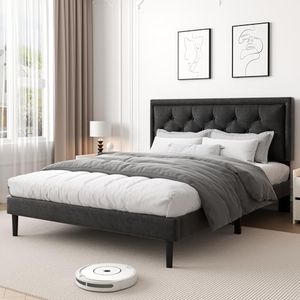 CXVX Full Size Bed Frame with Velvet Button Tufted Headboard, Modern Upholstered Platform Bed, Mattress Foundation, Easy Assembly, No Box Spring Needed, Black.