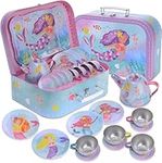 Jewelkeeper 15 Piece Kids Pretend Toy Tin Tea Set & Carrying Case - Rainbow Mermaid Design