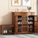 Warmiehomy Wooden Shoe Storage Cabinets with Doors and Shoe Bench Integrated 100 x 33 x 99cm 4 Tier Shoe Cabinet & Shoe Rack with Seat for Corridor, Hall, Living Room