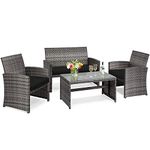 Tangkula Wicker Patio Conversation Set, Outdoor Rattan Sofas with Table Set, Patio Furniture Set with Soft Cushions & Tempered Glass Coffee Table for Poolside Courtyard Balcony (1, Black)