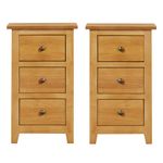 Hallowood Furniture Aston Oak Narrow Side Table with 3 Drawers Set of 2, Wooden Small Bedside Cabinet in Light Oak, Slim Chest of Drawers for Living Room, Hallway and Bedroom