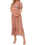 IFFEI Maternity Dress Summer Boho Midi Dress Off Shoulder Smocked Casual Dress Sleeveless Baby Shower Photoshoot Orange L