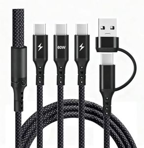 5 in 1 Multi Charging Cable, [60W/1.2M] USB A/USB C Multi Charger Cable Fast Charging with 3 Type-C Port, Universal Phone Charger Cord for iP 17 16 15 Pro Max Samsung Galaxy Kindle Tablet PS5 and More