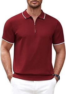 COOFANDY Mens Muscle Athletic Tennis Performance Stripe Zipper Polo T Shirt, Wine Red, Large, Short Sleeve