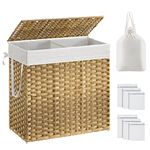 SONGMICS Laundry Basket with Lid, 130L Washing Basket 2 Compartments, Removable Liners with Handles, Handwoven Synthetic Rattan, for Bedroom, Bathroom, Laundry Room, 33 x 66 x 60 cm, Natural LCB253N01