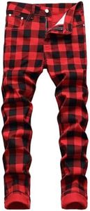 Classlong Men's Casual Printed Slim Fit Jeans Skinny Denim Pants (Black+red grids,30)