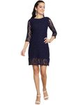 Dressitude Women Stylish Self Designed 3/4th Sleeves Knee Length Lace Dress (Blue, M)