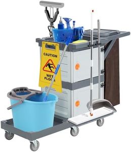 Commercial Janitorial Cart with 2 Cabinet - Black Housekeeping Caddy with Cover, Shelves, and Vinyl Bag