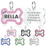 YEHANTI Dog Tag Personalized Pet Tags for Dogs and Cats, Glitter Bone Shape Custom Dog Tags with Lovely Icons, Durable Stainless Steel Dog Tags Engraved Pets, Personalized Dog Name Tags (S, Pink)