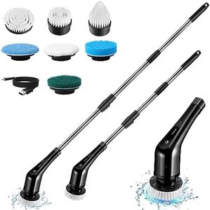 Exfeeko Electric Spin Scrubber, Cordless Bath Tub Power Scrubber with Long Handle & 7 Replaceable Heads, Detachable as Short Handle, Shower Cleaning Brush Household Tools for Tile Floor & Bathroom