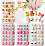 Kalolary 96PCS Kids False Nail, Children Nails Press on Pre-glue Full Cover Panda Bunny Pattern Short False Nail Kits with 1pcs Nail Glue Sticker, Lovely Gift for Kids Little Girls - D