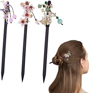 Auswalar 3 PACK Chinese Traditional Flower Hair Sticks Vintage Wooden Pin Japanese Style Handmade Headpiece for Women Girls