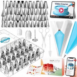 RFAQK 74PCs Icing Piping Bags and Tips Set, Cake Decorating Kit with 48-Numbered Piping Tips, 12inch Anti Burst Pastry Bags, Booklet, E-book & Complete Video Course for Cookie Cupcake Cake Decoration