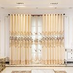 ELKCA European Style Beige Embroidered Chenille Curtain for Living Room Elegant Chenille Floral Curtains for Bedroom,Grommet Top,W52inch by L96inch,2 Panels