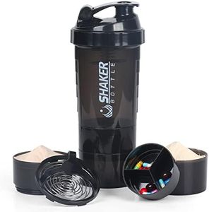VECH Shaker Bottles for Protein Mixes Workout Leak Proof Water Bottle Non Slip 3 Layer Twist Off OZ with Pill Tray Storage Powder Shake 16oz Shaker Cup (Black)