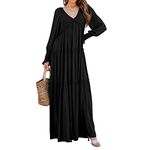 R.Vivimos Maxi Dress for Women Long Sleeve V Neck Empire Waist Layered Ruffle Boho Casual Flowy Long Dresses, Black, Large