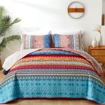 WONGS BEDDING Bohemian Quilt Set Twin Size, Boho Striped Printed Bedding Quilts Coverlet Set with Pillow Shams, Lightweight Microfiber Bedspread Set for All Seasons (2 Pieces, Twin)