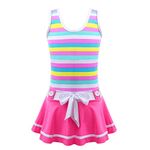 dPois Girls One Piece Swimwear Swimsuit Summer Beach Sleeveless Bathing Suit for Toddler Kids Striped Pink 5-6 Years