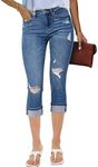 luvamia Women's Casual High Waist Ripped Capri Jeans Powder Blue Ripped Jeans Women Ripped Jeans for Teen Girls Jegging Capris Size Small Fits Size 4 / Size 6