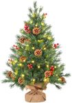 ENVEN Mini Christmas Tree, Small Tabletop Artificial Xmas Tree 2 FT with 50 LED Lights & 8 Lighting Modes, Battery-Operated Christmas Decor Ornaments & Cement Base, 2 Feet