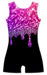 ACOCOPY Girls Black Gymnastics Leotards Bling Purple Sequins Dance Outfit Stretchy Quick Dry Dance Bodysuit with Shorts Size 6-7