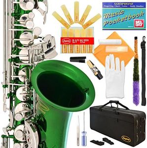 370-GR - Green/Silver Keys Eb E Flat Alto Saxophone Sax Lazarro+11 Reeds,Music Pocketbook,Case,Care Kit - 24 Colors with Silver or Gold Keys