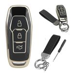 TPU Silicone Car Key Fob Shell Cover For Ford Edge Mondeo S-max Galaxy Mustang,Ford Key Shell Cover with Carbon Fiber KeyChain (Black)