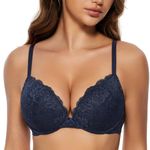 WingsLove Women's Push up Bra Floral Lace Padded Underwire Bra Demi Plunge (Navy Blue 34C)